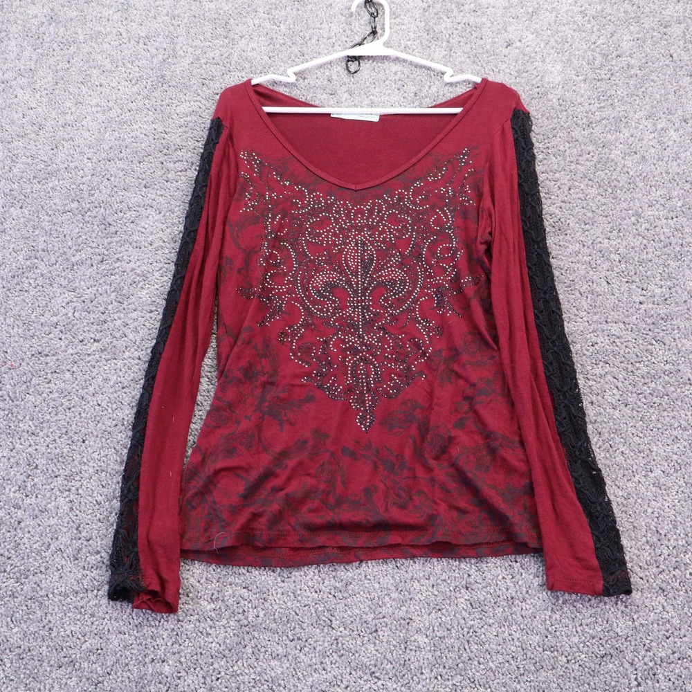Maurices Top Womens Medium Red Lace Rhinestone Long Sleeve Graphic